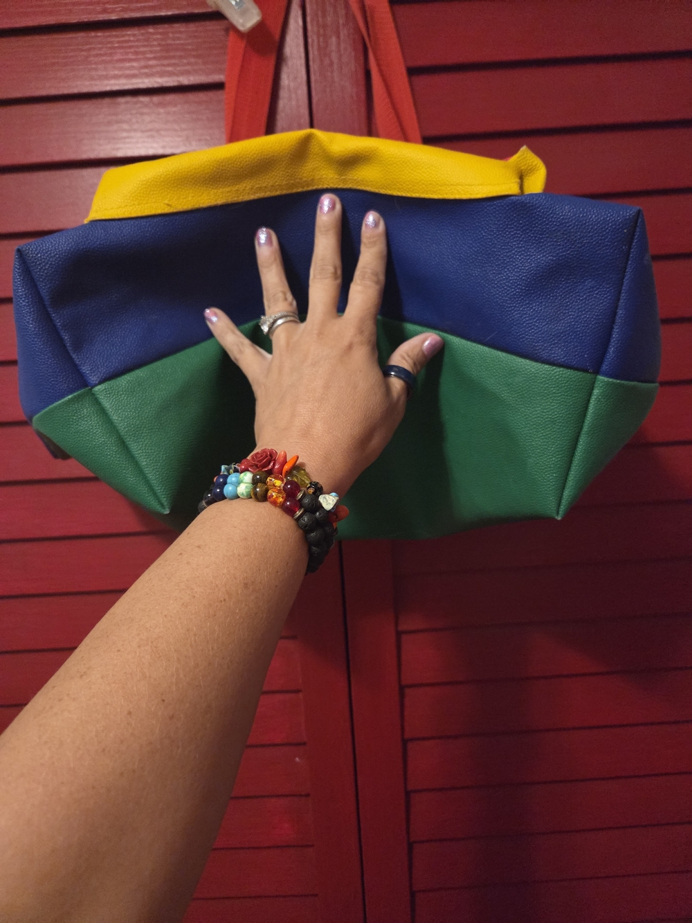 Vintage Colorblock Blue Tote Bag with Red, Green & Yellow Pockets - Picture 4 of 7
